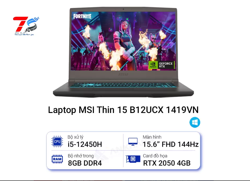 Laptop MSI Thin 15 B12UCX-1419VN (Intel Core i5-12450H | 8GB | 512GB | RTX 2050 4GB | 15.6 inch FHD | W11H | Xám)